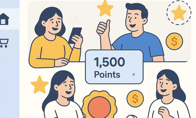 Illustration of customers engaging with a digital loyalty program on an e-commerce platform.