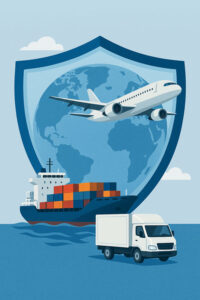 Illustration of cargo insurance protecting shipping, air freight, and truck deliveries