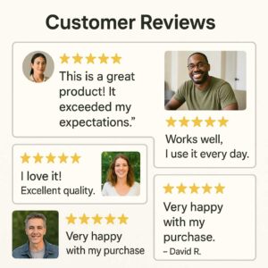 Customer review section with ratings, testimonials, and user-generated images.