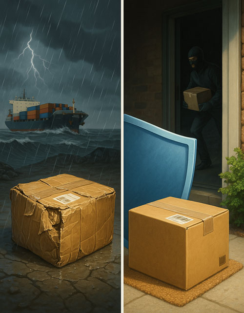 Illustration of a packaged damaged via transportation and a packaged protected by cargo insurance
