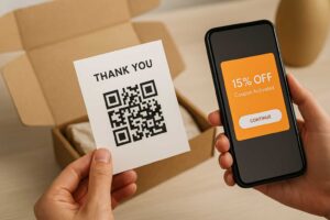 Customer scanning a QR code on a thank-you card to receive a discount