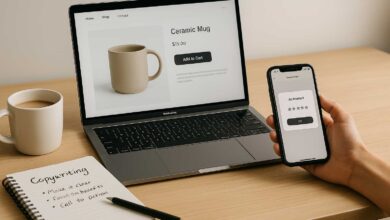 Workspace showing a laptop with a product page open and handwritten notes on writing product descriptions