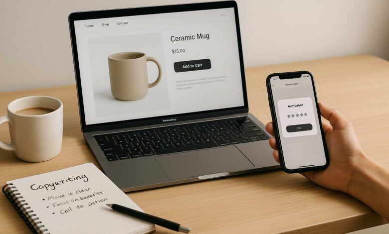 Workspace showing a laptop with a product page open and handwritten notes on writing product descriptions