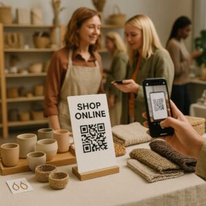 Market shopper scanning a QR code at a booth to visit an online store