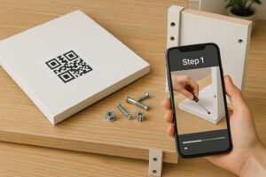 Phone scanning a QR code on furniture to watch a how-to assembly video