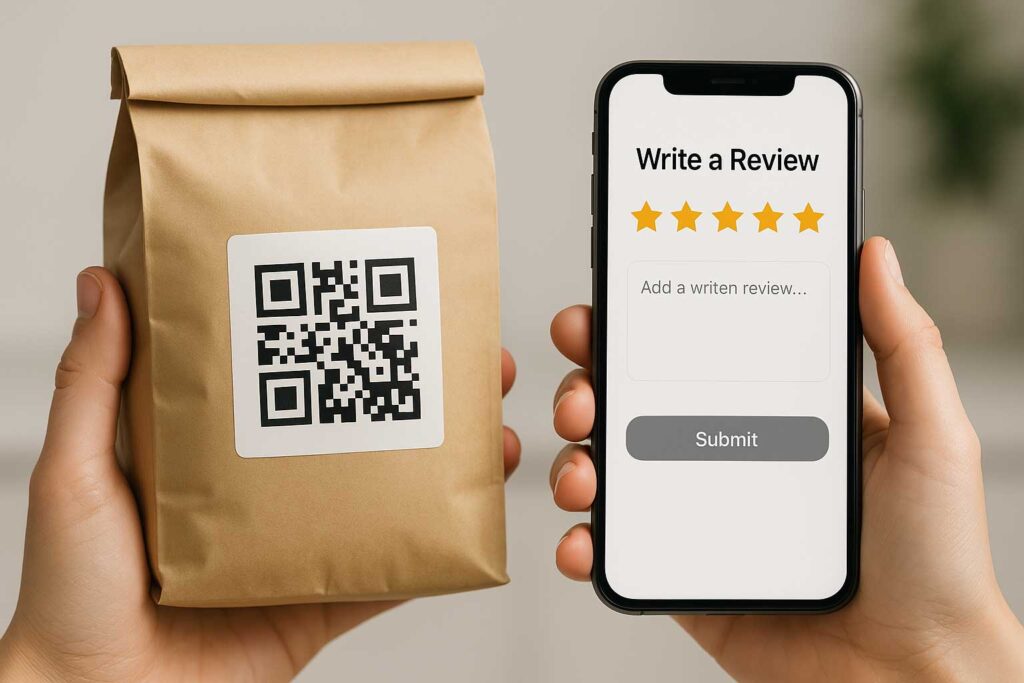 QR code on coffee packaging directing customer to a review form