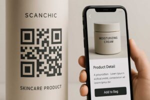 Smartphone scanning a QR code on skincare packaging, opening a product page