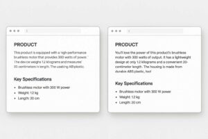 Side-by-side example of robotic vs conversational product copywriting