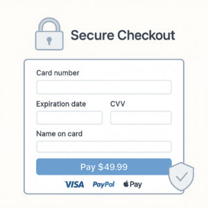 Secure checkout page with SSL lock, payment logos, and trust badges.