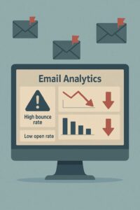Email dashboard with signs of poor list health like high bounce rates and low open rates.