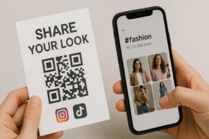 Customer scanning a QR code prompting social media sharing on Instagram or TikTok