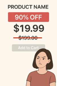 Product listing with extreme discount and a shopper questioning its legitimacy.