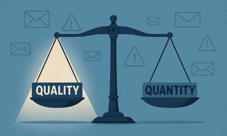 A scale weighing quality versus quantity in an email subscriber list.