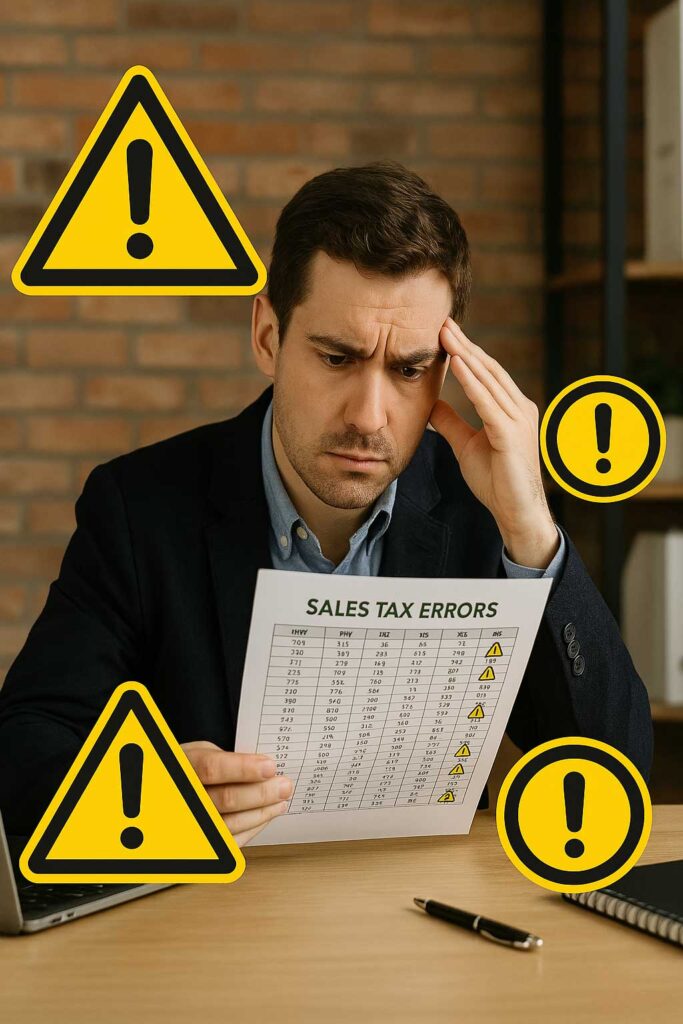 A business owner reviewing sales tax mistakes or miscalculations in a spreadsheet with caution symbols.
