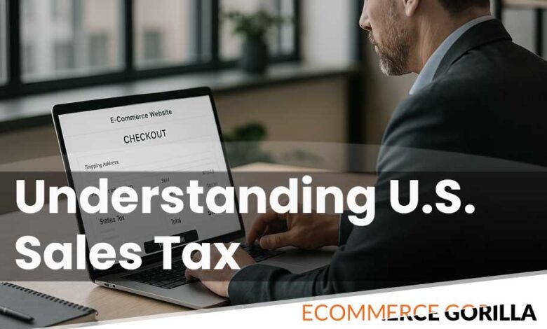 A business owner reviewing sales tax calculations for an online store on a laptop screen in a modern office.