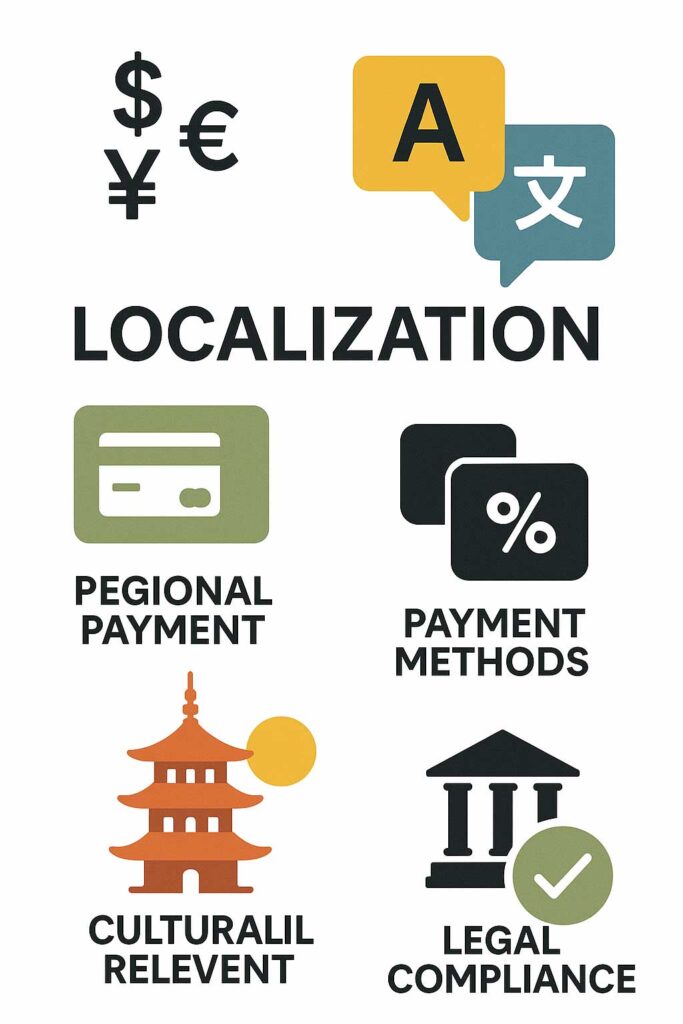 Infographic highlighting key website localization elements like currency, payment methods, and languages.
