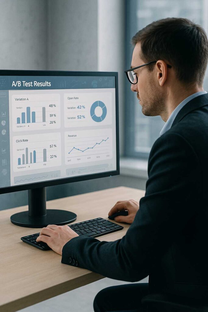 Marketer analyzing A/B test results and performance metrics for email campaigns.