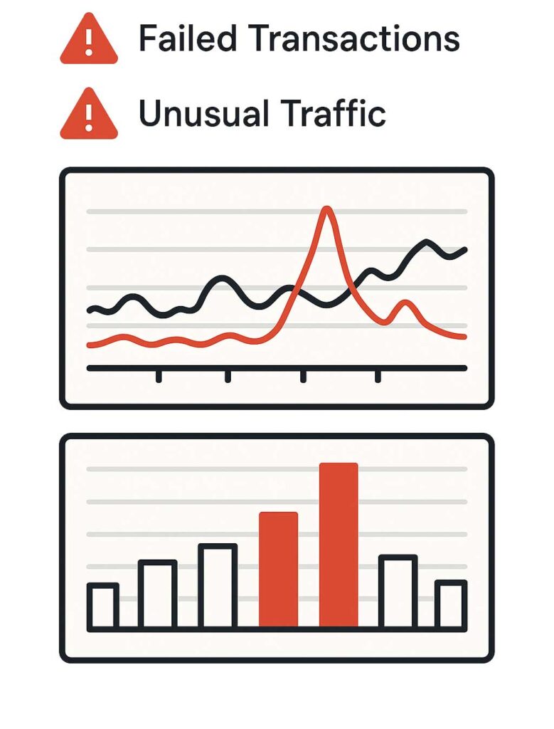 Dashboard showing warning signs like failed transactions and suspicious activity spikes. 