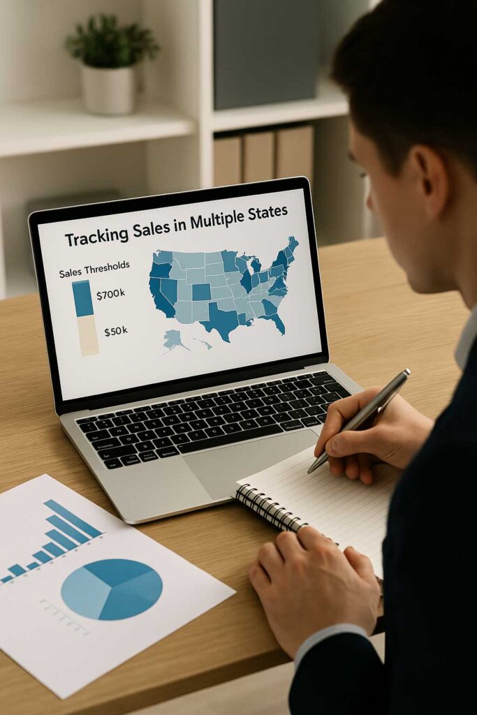 A business owner tracking sales in multiple states with charts and a computer showing sales thresholds.