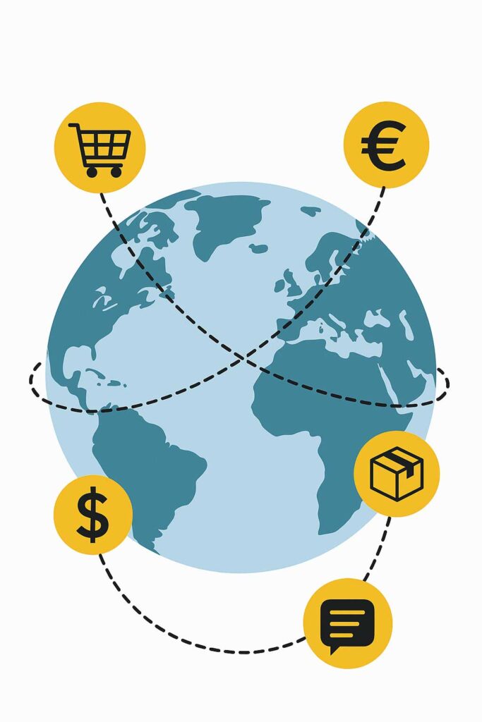 Globe illustration showing ecommerce icons and connections representing global website localization.