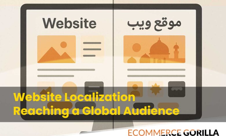 Globe illustration showing ecommerce icons and connections representing global website